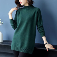 晗亦然墨绿色中长款半高领针织打底衫女韩版宽松秋冬新款外穿毛衣裙子女9081