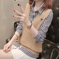 晗亦然秋装2021套装针织马甲毛衣套装女衬衫马夹两件套宽松洋气春秋9003