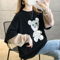 晗亦然021秋装网红卡通图案长袖打底衫女新款宽松套头假两件2024