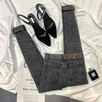 [加绒/单裤]斜纹烟灰色牛仔裤女高腰显瘦九分紧身小脚裤女豹纹衫伊格