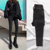 烟灰色加绒高腰牛仔裤女2020秋冬新款修身显瘦显高黑色紧身小脚裤衫伊格