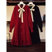 微胖妹妹冬装2020年新款大码女装轻熟风显瘦减龄蝴蝶结毛衣连衣裙衫伊格