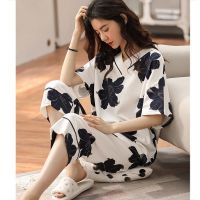 新款棉质睡衣女棉短袖七分裤家居服睡衣女夏季套装衫伊格