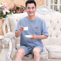 睡衣男夏季棉质短袖短裤家居服男款夏天薄款中年爸爸中老年人衫伊格