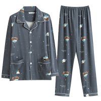 睡衣男长袖棉质春秋季睡衣男士青中年薄款天家居服套装衫伊格