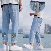 松紧腰牛仔裤男宽松直筒潮牌ins夏季薄款九分裤港风学生潮流裤子衫伊格
