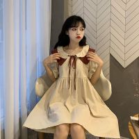 新款小清新系带娃娃领中长裙子学院风连衣裙女学生韩版宽松显瘦夏衫伊格