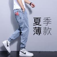浅色牛仔裤男九分韩版潮流宽松潮牌松紧腰工装裤子男士哈伦束脚裤衫伊格