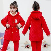 儿童秋冬加厚保暖睡衣男童女童珊瑚绒三层夹棉宝宝孩子家居服套装衫伊格