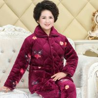 秋冬季夹棉妈妈睡衣女款加绒加厚中老年人珊瑚绒加大码家居服套装衫伊格
