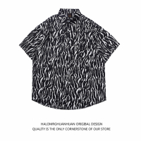 玳恩2021新款豹纹潮牌满印花衬衫情侣半袖街头潮流宽松复古炸街衬衣女