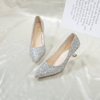 玳恩银色婚鞋女细跟2021新款尖头亮片渐变色伴娘鞋猫跟浅口性感高跟鞋