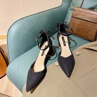 玳恩高跟鞋2021春季新款韩版网红百搭尖头蝴蝶结浅口黑色气质粗跟单鞋