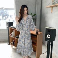 玳恩韩国chic法式小众春夏装气质收腰系带显瘦V领百褶碎花雪纺连衣裙