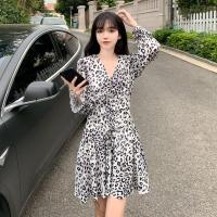 玳恩韩国chic法式小众春夏装气质高腰显瘦豹纹高腰显瘦碎花雪纺连衣裙