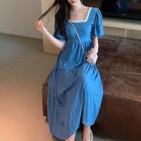 玳恩韩国chic法式小众春夏小心机方领木耳边露背泡泡袖显瘦仙女连衣裙