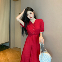 玳恩韩国chic法式小众春夏装气质皱褶荷叶边珍珠扣长款高腰仙女连衣裙