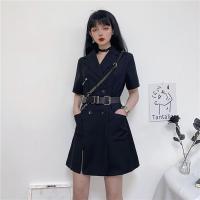 玳恩2021年新款韩版ins复古港味双排扣西装短袖连衣裙女开叉小黑裙潮