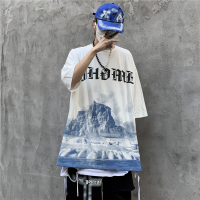 玳恩短袖2021年新款女美式街头山脉印花t恤宽松圆领男女情侣百搭上衣