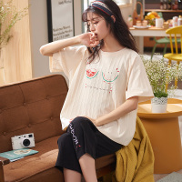 玳恩睡衣女士夏季纯棉短袖七分裤套装2021年新款韩版宽松家居服可外穿