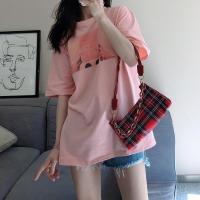 玳恩韩版t恤女短袖夏季ins复古印花宽松慵懒bf中长款网红粉色上衣服潮