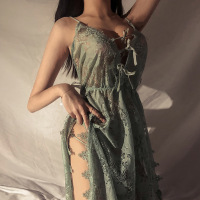 玳恩200斤大码胖妹妹性感私房V领睡衣冰丝露背吊带睡裙薄款蕾丝短裙冬