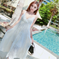 玳恩初恋小清新时尚女装显瘦高腰吊带性感V领大摆裙中长款A字裙连衣裙