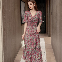 玳恩2021春夏新款法式复古抽绳系带修身小碎花雪纺中长裙A字裙连衣裙
