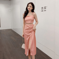 玳恩轻熟风chic时尚圆点抹胸吊带上衣+开叉装饰高腰半身裙中长裙套装