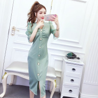 玳恩御姐范女装酒红色修身长裙气质性感裙子OL显瘦中长款一步裙连衣裙