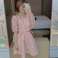玳恩春季甜辣风泡泡袖短款提花上衣+A字裙半身裙子女法式中长裙套装