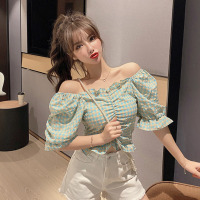 玳恩设计感小众洋气复古法式短款方领锁骨泡袖格子衬衫仙短袖上衣女装