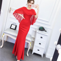 玳恩高端欧货御姐女人味雪纺钉珠拼接连衣裙女显瘦收腰包臀鱼尾裙长裙