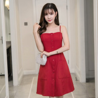 玳恩春夏季新款小众复古酒红修身吊带连衣裙性感露背打底裙A字裙短裙