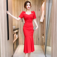 玳恩2021春夏季轻熟风时尚方领洋气撞色主持人晚会礼服长裙包臀连衣裙