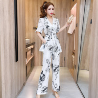 玳恩2021春夏御姐时尚气质网红纽扣舒适印花上衣+洋气阔腿裤长裤套装