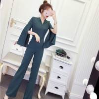 玳恩2021春夏新款御姐V领西装开叉袖时尚气质高腰显瘦微喇长裤连体裤