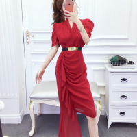 玳恩御姐OL风气质女神范连衣裙时尚时尚韩版V领高腰修身扇形不规则裙