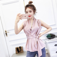 玳恩轻熟御姐韩版气质蝴蝶结系带缎面上衣无袖雪纺衬衫女V领衬衣女装