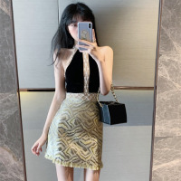 玳恩新款2021春夏性感挂脖短款上衣+复古半身裙流苏包臀裙短裙套装女