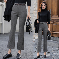 玳恩加厚千鸟格子裤子喇叭裤女秋冬新款高腰九分小个子显瘦西裤微喇裤