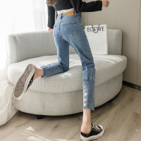 玳恩高腰牛仔裤女2021春夏新款设计感开叉铜扣弹力显瘦直筒浅色九分裤
