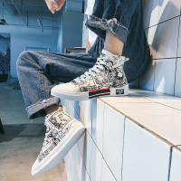 玳恩春季涂鸦帆布鞋男高帮板鞋韩版百搭学生高邦男鞋休闲鞋子潮鞋夏季