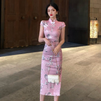 玳恩春季新款女装2021年气质印花复古开叉民国蚀骨旗袍长款修身连衣裙