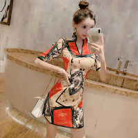 玳恩2021年夏季新款复古气质少女设计感小众印花旗袍短裙包臀连衣裙子