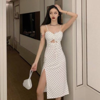 玳恩春季新款夜店甜美女神范吊带V领镂空高腰开心机叉中长款连衣裙女