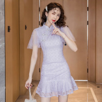 玳恩春装减龄年轻款甜美少女改良复古蕾丝网纱旗袍裙鱼尾裙连衣裙短裙