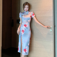 玳恩年轻少女款2021年新款时尚洋气复古印花开叉中长款气质旗袍连衣裙