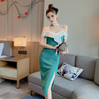 玳恩桔梗连衣裙法式小众吊带拼色荷叶V领开叉吊带裙包臀不规则裙子潮