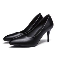 玳恩正装软皮高跟鞋女黑色工作鞋中跟尖头职业面试粗跟浅口单鞋女细跟